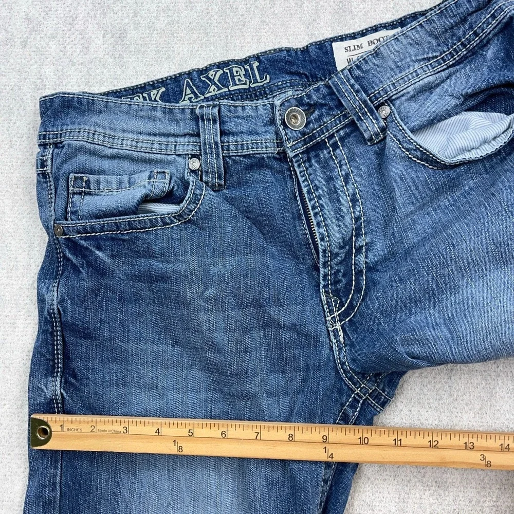 TK Axel Jeans Men 32x32 Slim Boot Cut Medium Wash Denim Pants Flap Pockets Faded